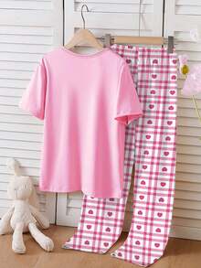SHEIN 1 Set Tween Girls Pajamas, Pink Cherry Print Knit Crew Neck Top & Elegant Red Plaid Shorts, Spring/Summer - Pink - View 2