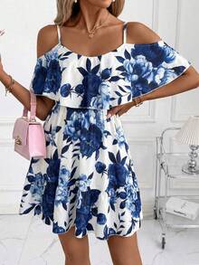 SHEIN Clasi Women's Floral Print Ruffle Off-Shoulder Short Sleeve Elegant Mini Dress, Suitable For Daily Wear, Holidays And Romantic Occasions, Spring/Summer ,Summer Dress - Navy Blue - View 5