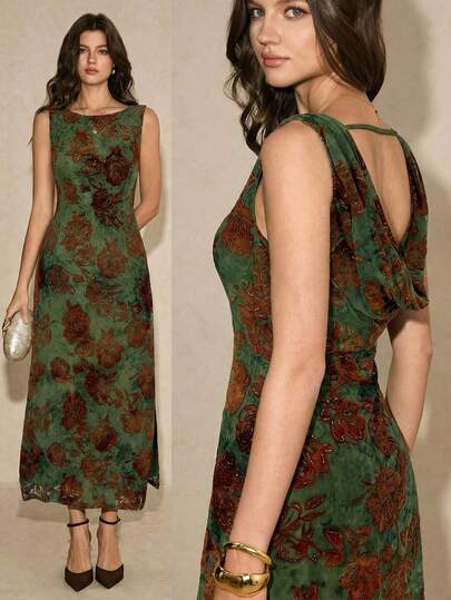 Poéselle Đầm nữ kiểu retro thanh lịch in hoa, hở lưng, thắt eo.