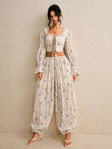 Poéselle 女士弹力腰带印花休闲百搭日常裤 - 淺藍色 - 查看 4