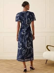 Lilora Đầm midi nữ thanh lịch họa tiết hoa, thắt eo. - Màu xanh hải quân - Xem 2