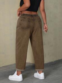 SHEIN ICON Plus Size Solid Color Casual Loose Fit Pockets Versatile Daily Wear Jeans - Brown - View 2