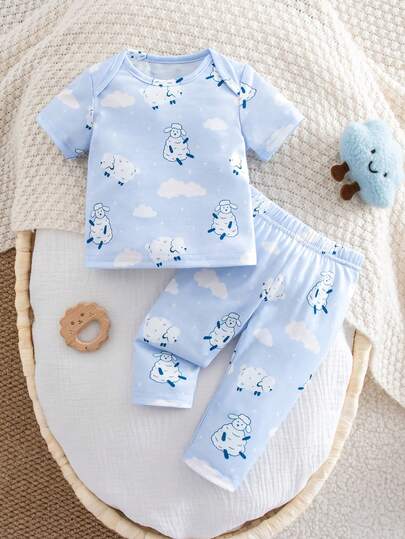 SHEIN 新生男宝宝可爱卡通图案短袖上衣和长裤套装，夏季