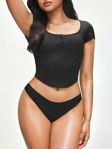 SHAPORA Women's Simple Solid Color Ribbed Knit Oversized Scoop Neck Batwing Sleeve Curved Hem Crop Sleep Top, Summer - Black - View 4