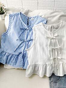 少女圆领系带荷叶边下摆无袖上衣 - 藍白色 - 查看 1