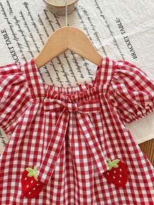 SHEIN Babygirl Cute Summer Sweet Red & White Plaid Bow Strawberry Print Loose Short Sleeve Dress - Multicolor - View 6