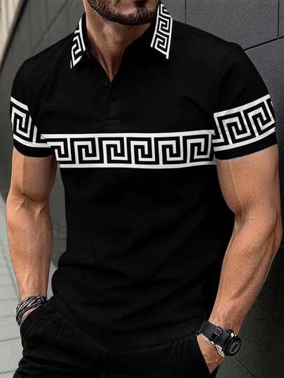 Manfinity Homme Men's Geometric Print Short Sleeve Casual Polo Shirt Spring To Summer  Vacation Outfits  Holiday Outfits Summer Holiday Outfits  Summer Tops  Summer Clothes  Going Out Tops Mens Golf Shirt Men Polo Shirt