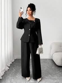 Elenzga Bộ đồ nữ cỡ lớn, quần dài dáng chữ A cài nút thắt nơ ở eo và áo khoác blazer màu đen, bộ váy áo công sở thường ngày, bộ đồ 2 mảnh cho nữ, bộ đồ nữ thanh lịch, bộ quần áo nữ sang trọng - màu đen - Xem 6