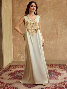 ZEYLAH Women's V-Neck Vintage Elegant Loose 2 Pieces Dress & Cover Up Set - Apricot - View 4