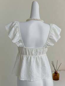 Elamini Women's White V-Neck Frill Tie Waist Bow Flutter Sleeve Blouse, Sexy & Sweet European Style For Beach Vacation - White - View 2