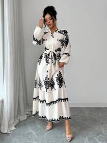 Elenzga Đầm mùa thu thanh lịch với họa tiết in dành cho nữ - Màu be - Xem 7