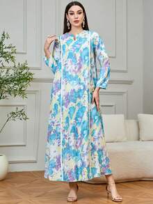 Yasmyna Women's Floral Print Long Sleeve Dress, Minimalist & Versatile - Teal Blue - View 3