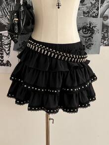Attitoon Saia de Bolo Feminina com Três Camadas, Decoração de Rebite de Renda Estilo Vintage Casual, Forro Adequado para Vintage, Sexy, Fofo, Y2K, Coconut Girl, Boho, Oeste, Boêmio, Hippie, Festival de Música, Punk Retrô, Shibuya Gyaru - Preto - Visão 3