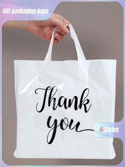 25/50pcs New White Thank You Gift Bags, Thick Durable Black & White & Blue & Pink Tote Bags, Clothing Shop Shopping Bag, Small Business Supplies, Shopping Bag For Wedding Holiday Party Bag, Birthday Party Gift Bag, Craft Tote Bag, Party Favors, Birthday Decor, Party Gift Decor, Favor Plastic Packaging Bags, Gift Wrapping Supplies