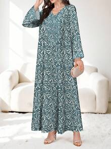 SHEIN Najma Bow & Star Digital Print V-Neck Long Sleeve Dress For Women, Elegant Arabic Style Maxi Dress, Spring/Summer - Multicolor - View 3