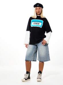 SUMWON WOMEN Oversized Contrast Long Sleeve Graphic T-Shirt With White Layered Sleeve Detail And Front Number Print For Casual Winter Streetwear - Black - View 6