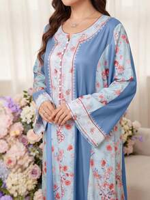 Al Najma Modest Multicolor Plus Size Arabian Dress With Random Print And Scoop Neck Long Flare Sleeves Flowy Flared Hem - Multicolor - View 9