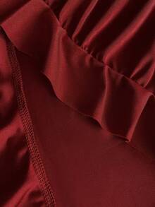 SHEIN Franclia Women's New Spaghetti Strap Backless Waist Pleated Side Ruffle Slit Fitted Mid-Length Dress - Burgundy - View 3