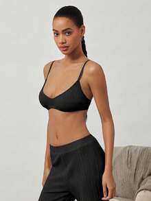 Ocili 100% Cotton Ribbed Comfortable Basic Minimalist Chic Autumn Casual Women Bra - Black - View 7