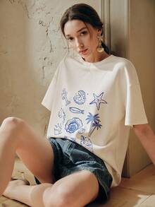 Anewsta Women's Vacation Ocean Element Print Loose Round Neck Short Sleeve T-Shirt - Apricot - View 1