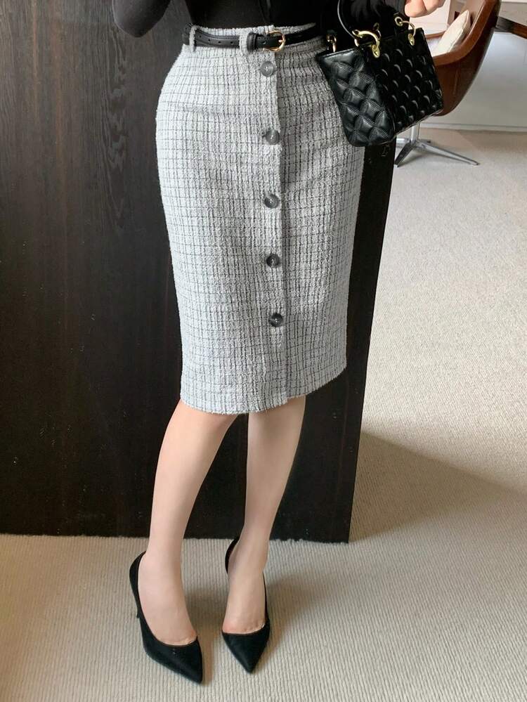 Textured Plaid Front Button Decor Elegant Bodycon Skirt, Suitable For Valentine's Day, Wedding, Party, Commute