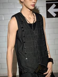 ROMWE MEN Street Life Men's Casual Denim Vest With Zipper Front Closure, Palace Style - Black - View 5