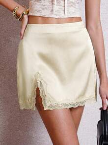 Chikora 大码纯色蕾丝拼接开衩休闲A字裙 - 駝色 - 查看 3