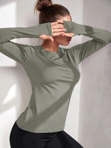 Activina Solid Color Long Sleeve Sports T-Shirt, Minimalist And Fashionable, Suitable For Fall - Olive Green - View 1
