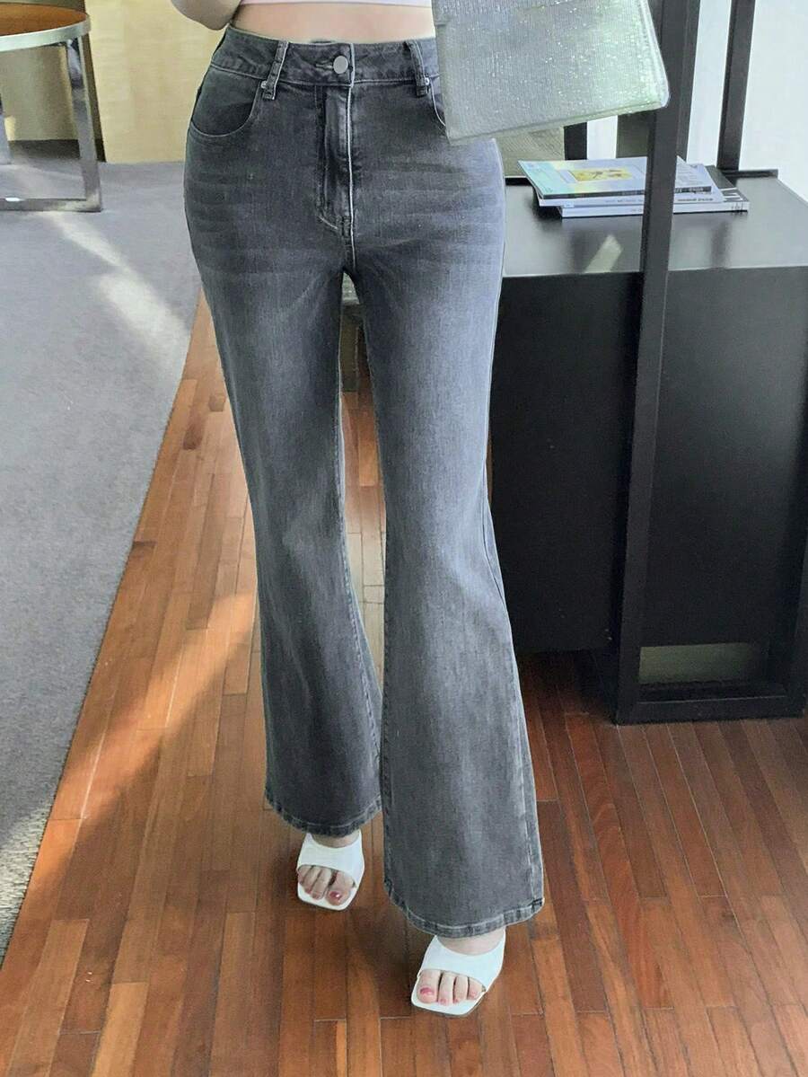 DAZY 女士蝴蝶结刺绣韩版喇叭破洞水洗牛仔裤 - 藍色 - 查看 1