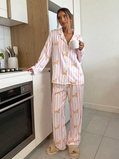 Aloruh Women's Striped Drop Shoulder Long Sleeve Dog Print Button Front 2-Piece Casual Set Summer Summer Outfits Summer Clothes Beach Outfits For Woman  Beach Vacation Vacation Outfits Woman Boho  Tropical Vacation Woman Clothe  Casual Long-Sleeved Home Set With Cute Dachshund Pattern And Pink Stripes Striped Pajamas Dog Print Pajamas Pajama Set Long Sleeve Pajamas