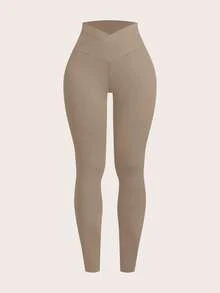 SHEIN EZwear New Spring/Summer Knitted Women Khaki Sports & Casual Multi-Piece Outdoor Suit Nude Two Piece Set Two Piece Set Curve Tights Two Piece Set Women Beige Two Piece Set Legging Two Piece Set - Khaki - View 9