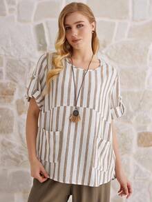 Parysyn Áo sơ mi nữ cỡ lớn kẻ sọc cổ tròn tay ngắn vạt gập, kiểu dáng rộng rãi, thoải mái - màu nâu - Xem 2