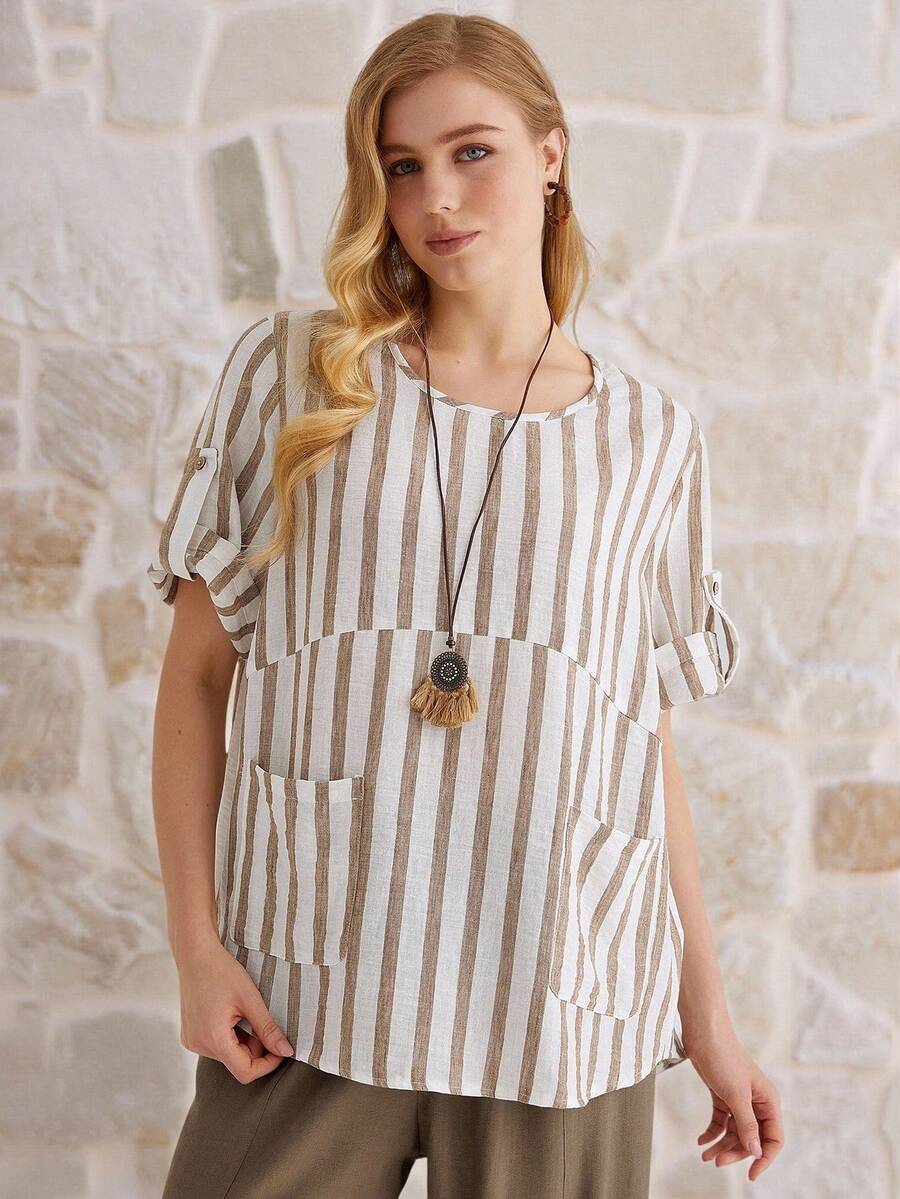 Parysyn Áo sơ mi nữ cỡ lớn kẻ sọc cổ tròn tay ngắn vạt gập, kiểu dáng rộng rãi, thoải mái