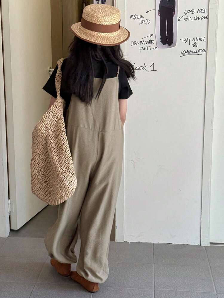 Teen Girls' Casual Solid Color Round Neck Short Sleeve T-Shirt And Loose Jumpsuit Set, Summer