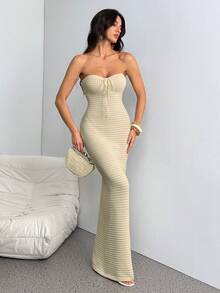 SHEIN Tall Crochet Summer Romantic Vacation Tight-Fitting Handmade Crochet Tube Top Dress, Suitable For Dates, Holidays, Casual And Elegant Daily Wear, Autumn/Winter - Apricot - View 4