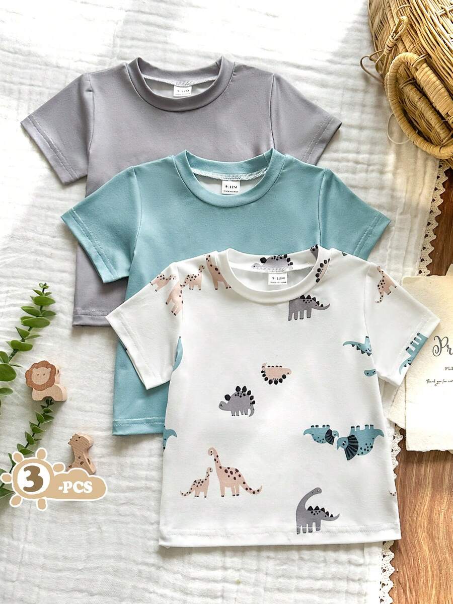 SHEIN Vintaside Kids 3pcs Toddler Casual Dinosaur Pattern Knit Set, Short Sleeve T-Shirt, Spring/Summer - Multicolor - View 1