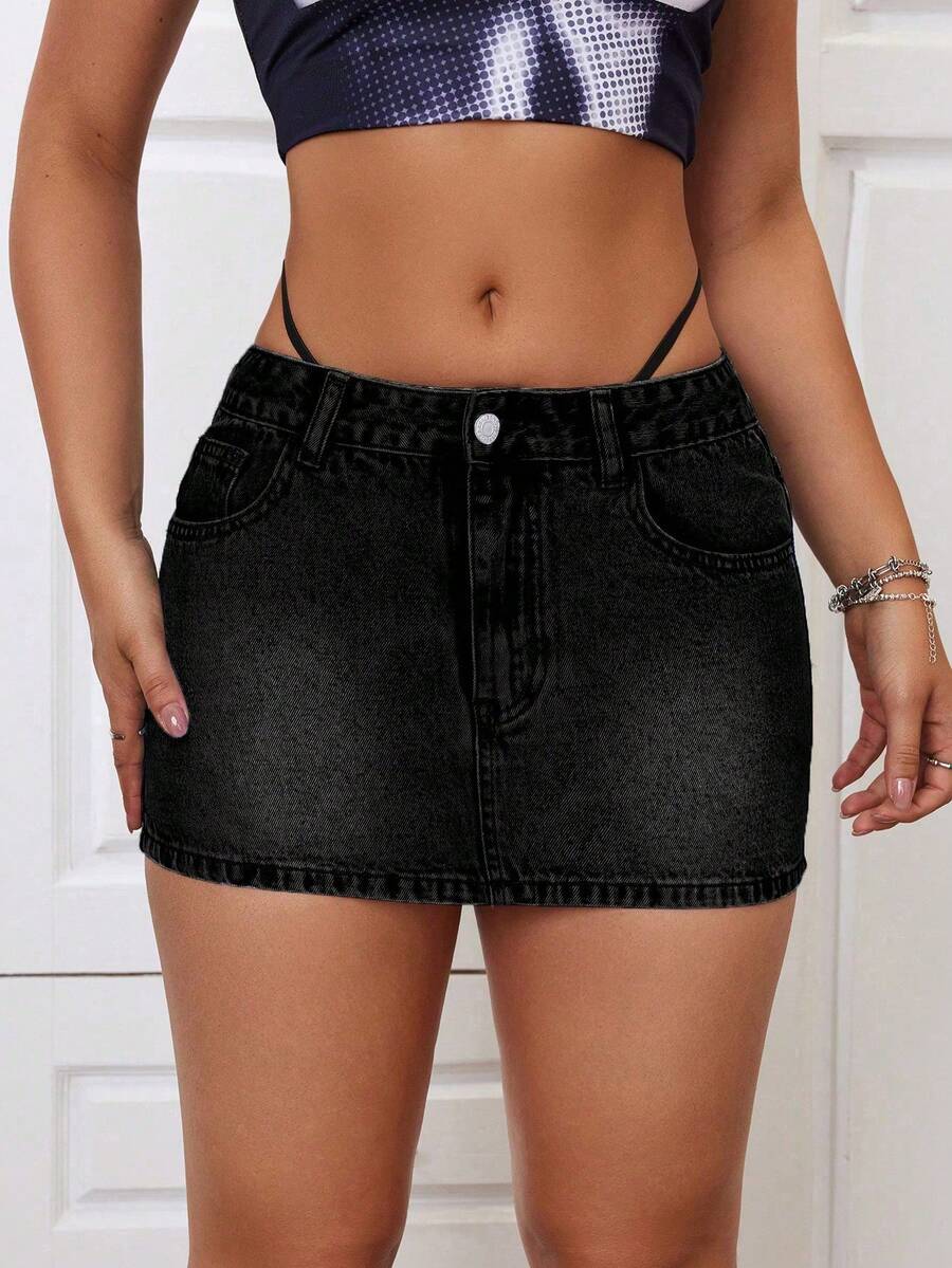 SHEIN ICON Sexy Low Waist Washed Denim Mini Skirt With Pockets - Black - View 1