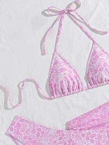 Swim Vcay 3pcs Women's Sexy Leopard Print Halter Neck Triangle Cup Mesh Sarong Bikini Set - Baby Pink - View 4