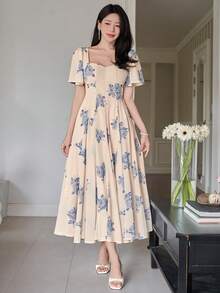 DAZY Women's Elegant Floral Print Square Neck Ruffle Sleeve Midi Dress, Summer Wedding Guest Dress - Blue - View 5