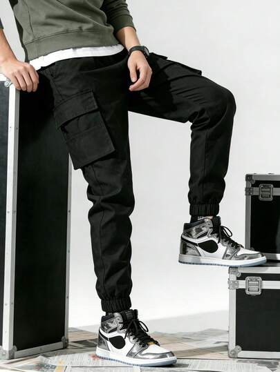 Teen Boy Solid Color Cargo Pants With Multiple Pockets And Ankle Cuffs