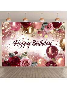1-Piece Polyester Birthday Party Banner | Rose & Red Balloon Pattern, Perfect For Indoor/Outdoor Decor & Photo Backdrop - Multicolor - View 4