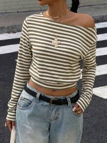 Muchica 女士黄色条纹长袖针织彩色条纹T恤 - 卡其色 - 查看 4