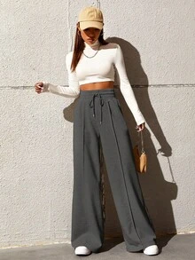 SHEIN Tall CURVE 大码女式纯色抽绳腰休闲百搭通勤阔腿裤 - 灰色 - 查看 5