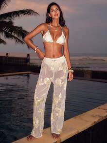 Bellisia 女士提花休闲度假沙滩罩衫及阔腿裤 - 白色 - 查看 3