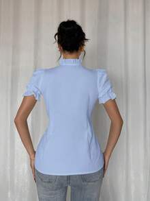 Rafferiza 女士优雅荷叶边领泡泡袖撞色蝴蝶结修身衬衫，夏季可爱衬衫，学院风上衣，可爱衬衫，短袖衬衫，蝴蝶结衬衫，系带衬衫，可爱衬衫，女士上衣和衬衫，工作服，女士办公室工作衬衫，女士职业装 - 淺藍色 - 查看 2