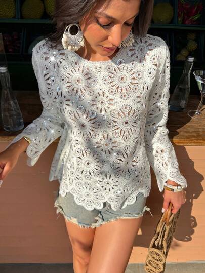 Selianne Women's Loose Casual Floral Design Textured Sequins Sleeve Decor Spring/Summer Long Sleeve Sweater