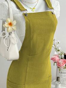 Elamini 女士休闲纯色灯芯绒吊带连衣裙，夏季 - 綠色 - 查看 4