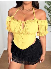 SHEIN LUNE Plus Size Women Summer Vacation Simple Solid Color Frill Trim Front Knot Halter Fitted Blouse - Yellow - View 7
