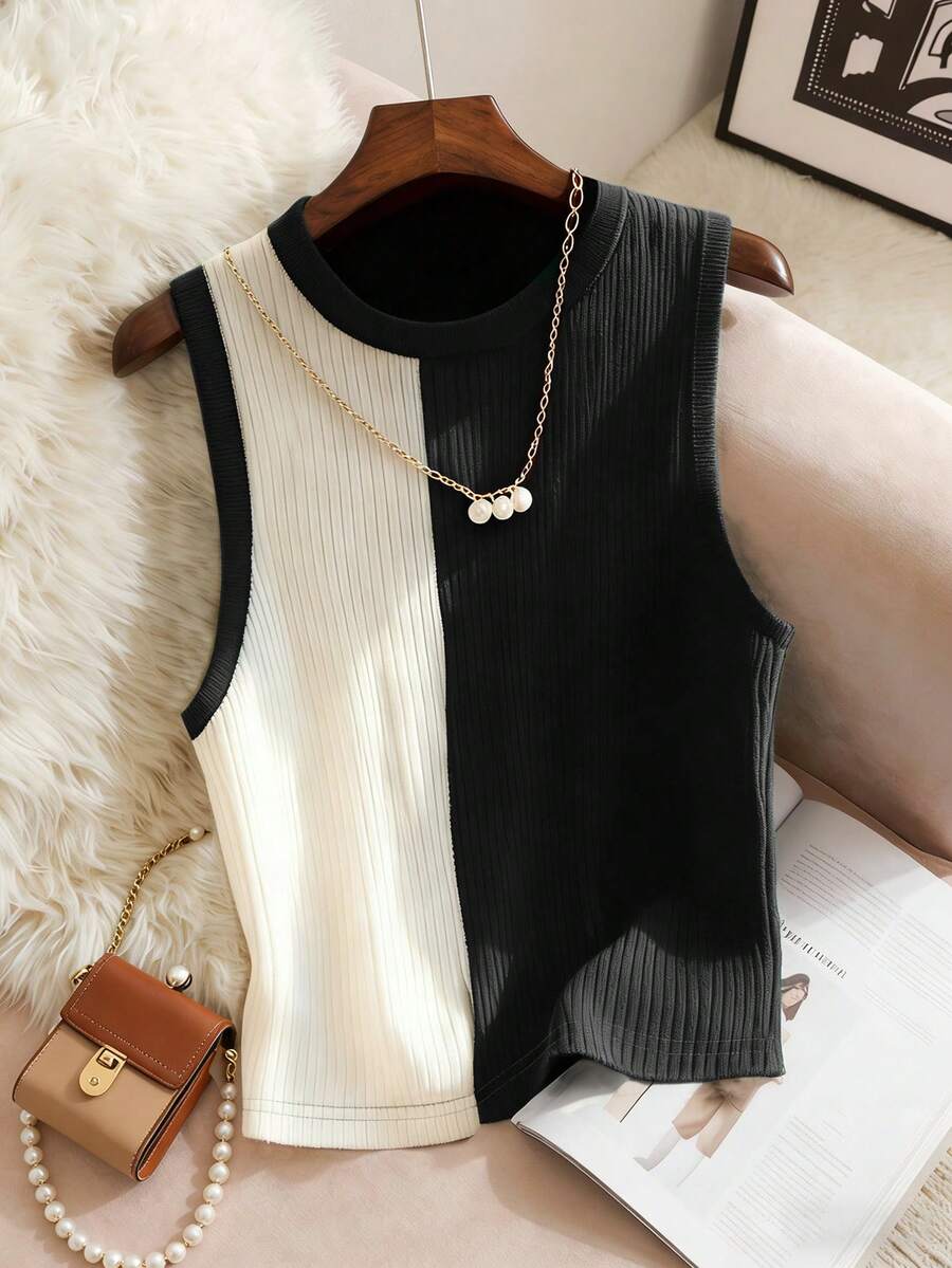 Franclia Women's Contrast Color Block Crew Neck Sleeveless Ribbed Casual Tank Top, Versatile For Summer - Multicolor - View 1
