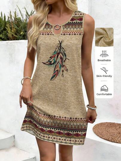 EMERY ROSE Plus Size Women Feather Print Round Neck Metal Decor Casual Vacation Date Dress